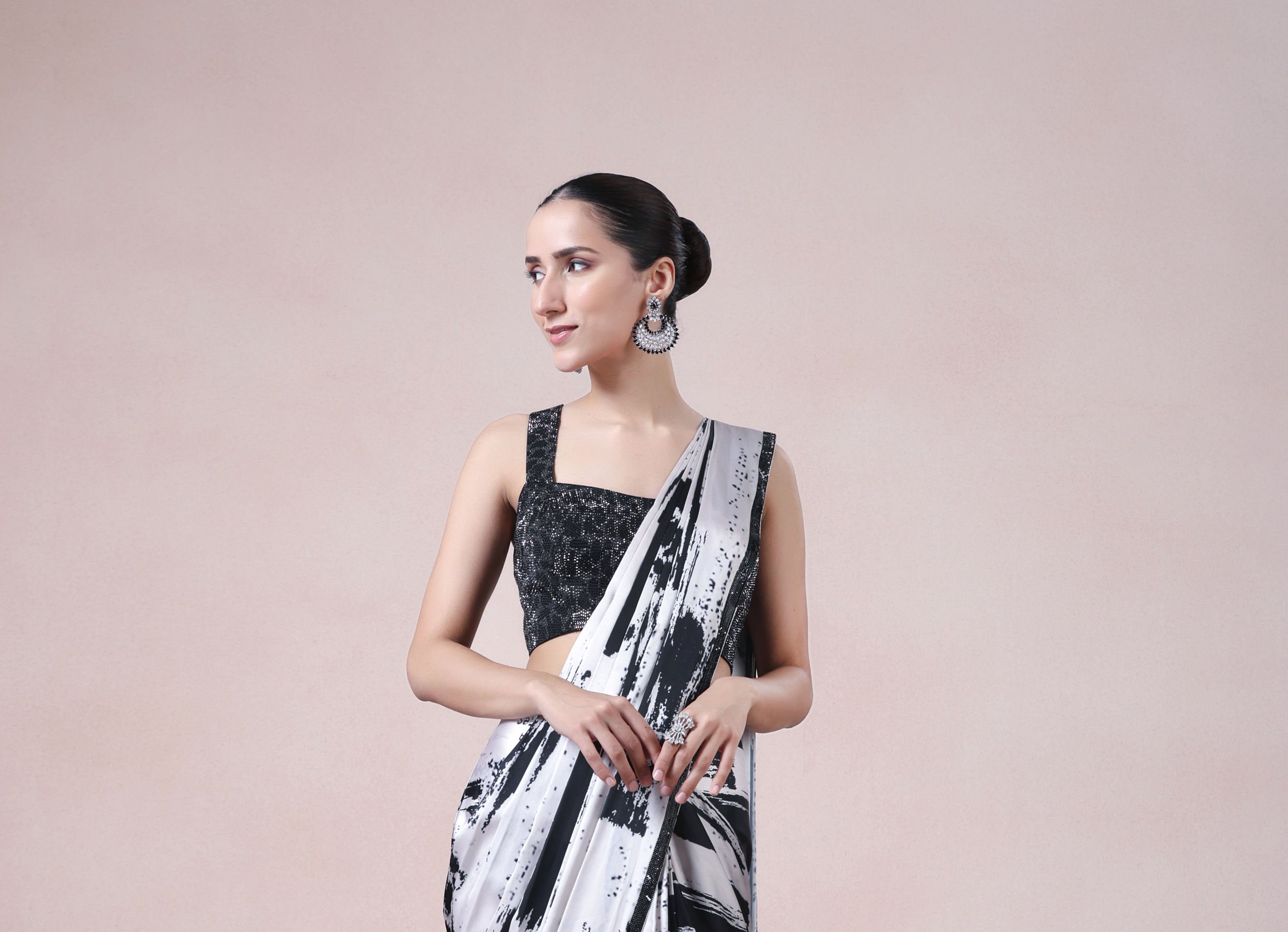 Twamev Women Black & Cream Satin Abstract Printed Draped Saree