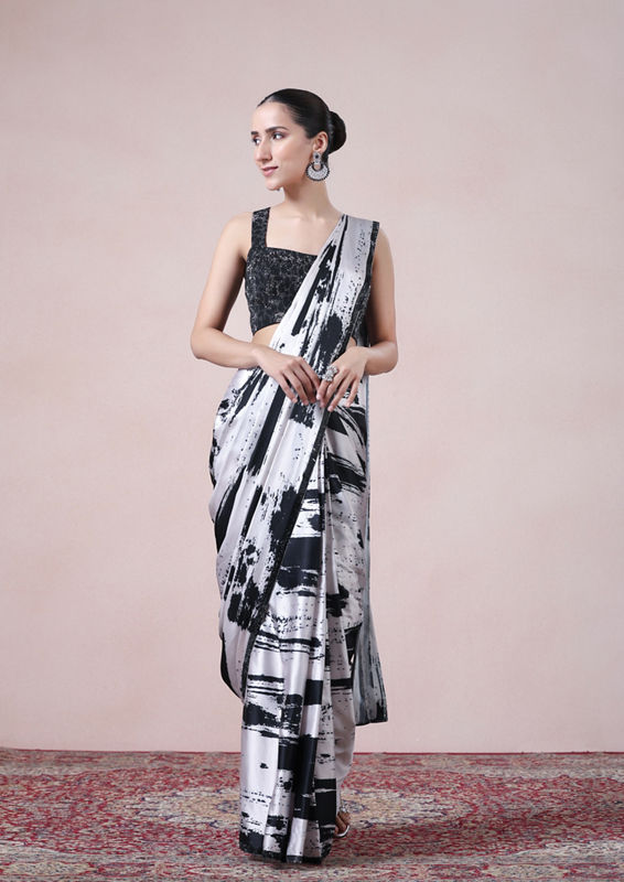 Twamev Women Black and Cream Fusion Satin Saree