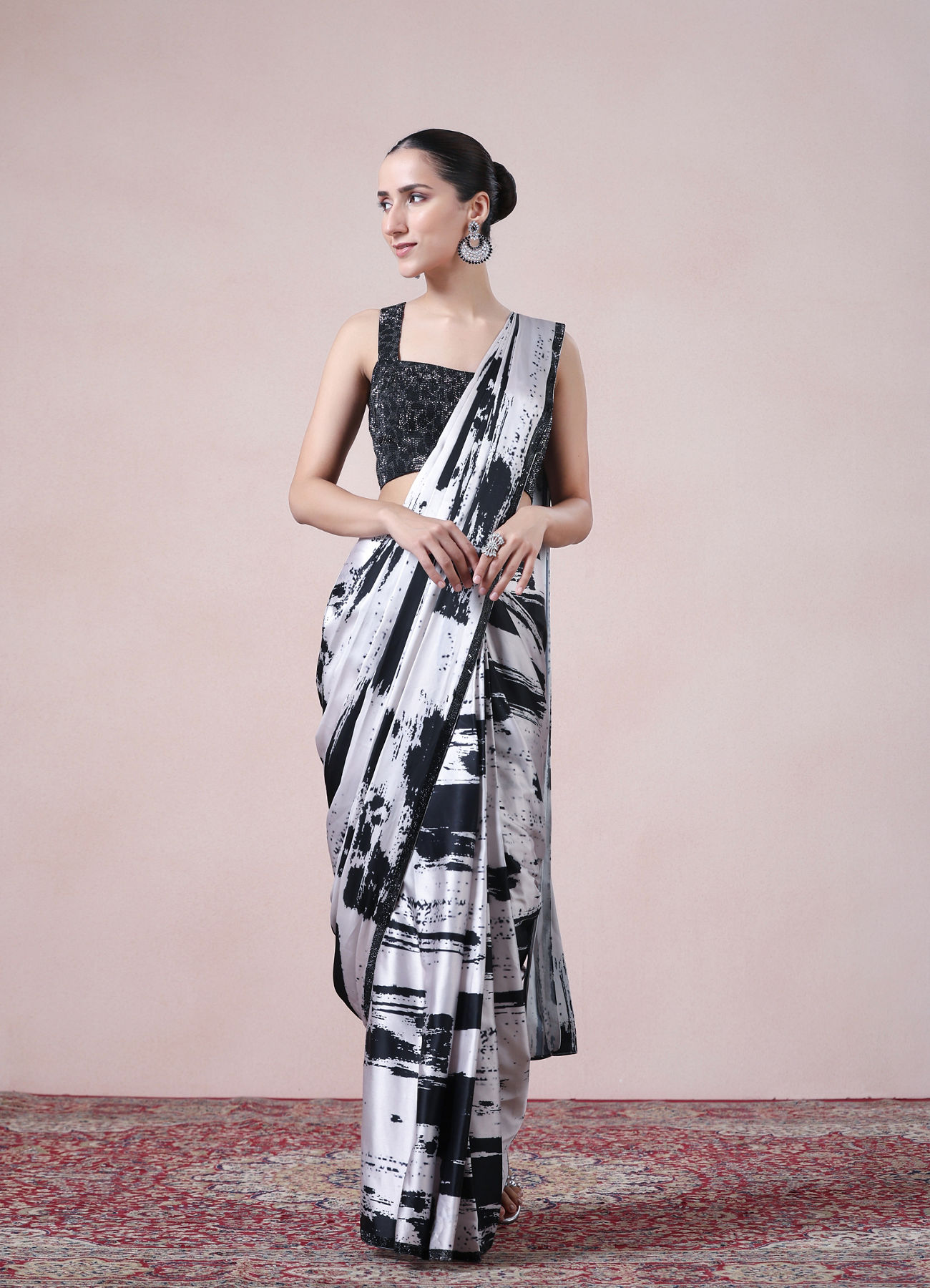 Twamev Women Black & Cream Satin Abstract Printed Draped Saree