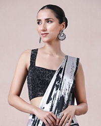 Twamev Women Black & Cream Satin Abstract Printed Draped Saree