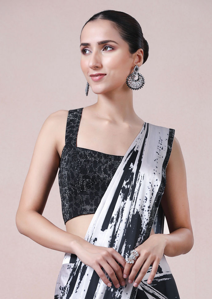 Twamev Women Black and Cream Fusion Satin Saree