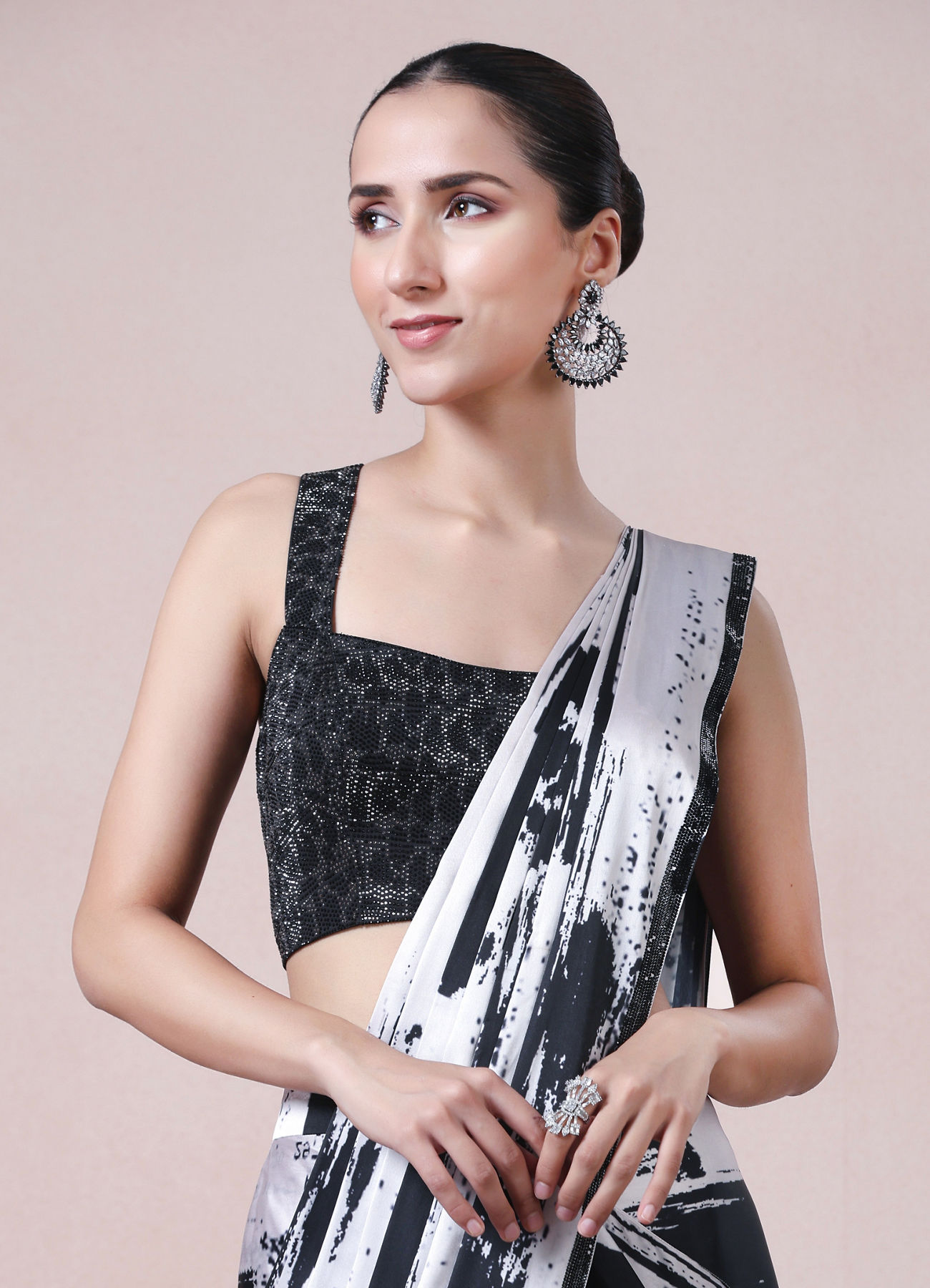 Twamev Women Black & Cream Satin Abstract Printed Draped Saree