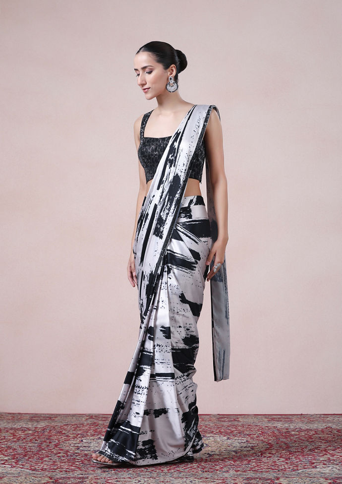 Twamev Women Black and Cream Fusion Satin Saree