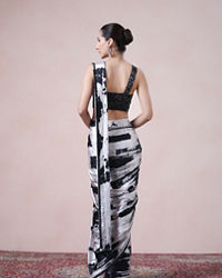 Twamev Women Black & Cream Satin Abstract Printed Draped Saree