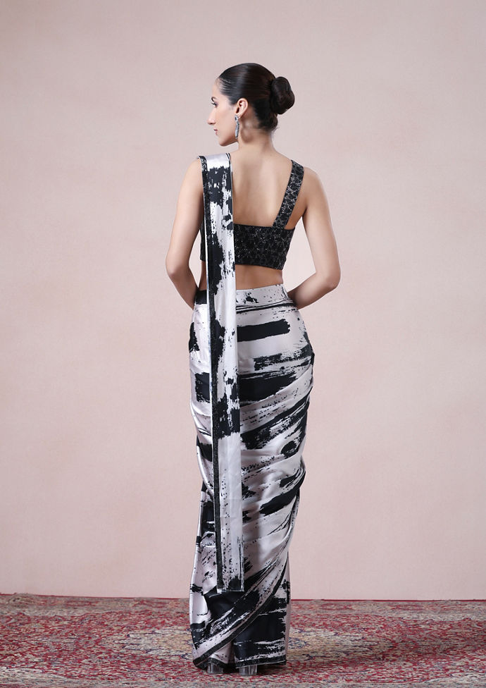 Twamev Women Black and Cream Fusion Satin Saree