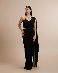 Twamev Women Black Georgette Bead Work Halter Neck Corset Draped Saree