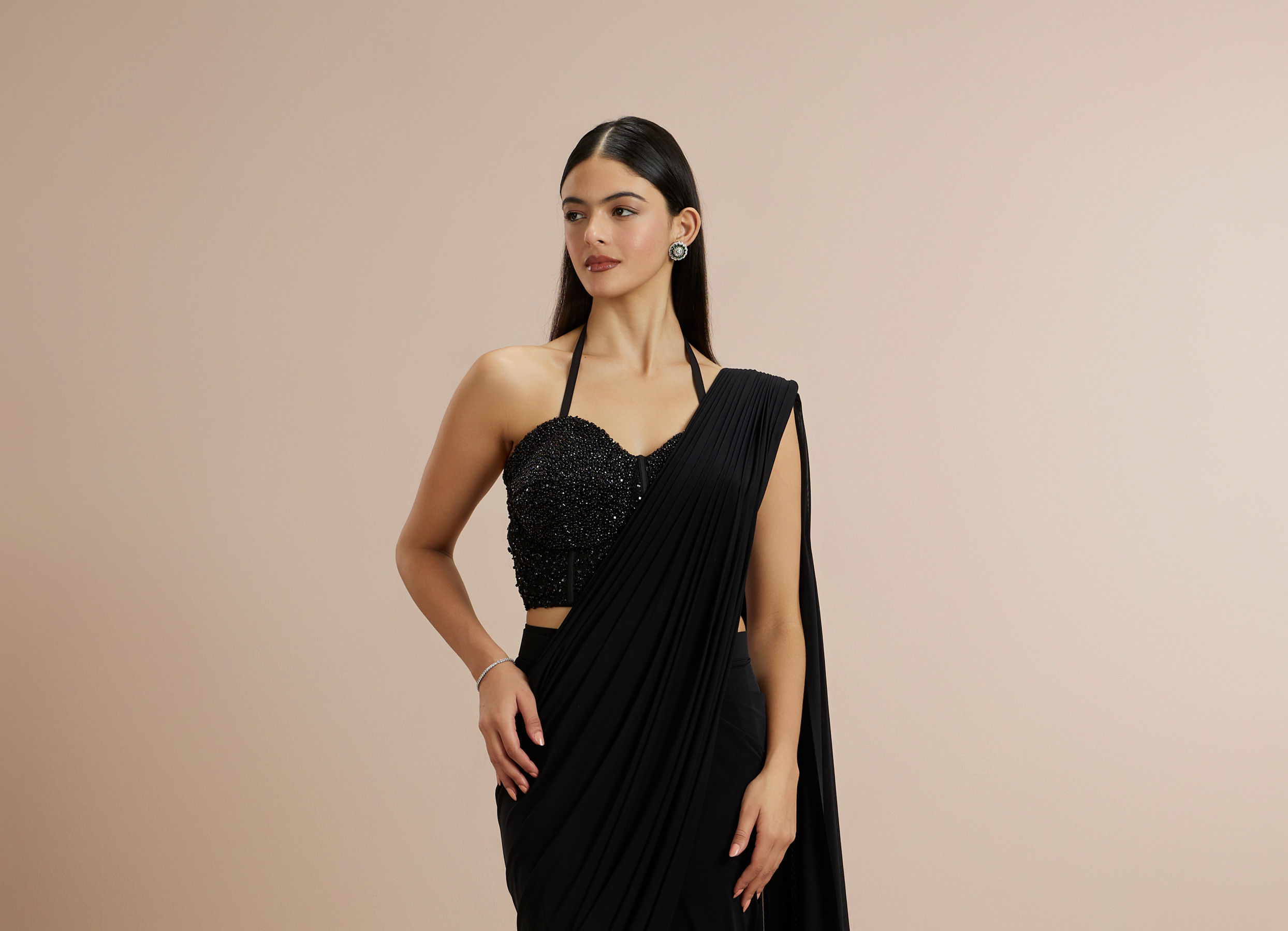 Twamev Women Black Georgette Bead Work Halter Neck Corset Draped Saree