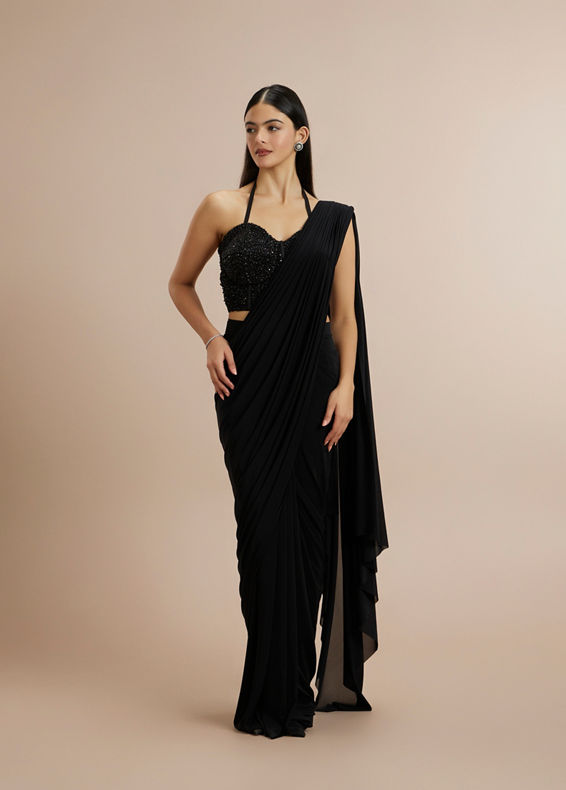 Twamev Women Black Georgette Bead Work Halter Neck Corset Draped Saree