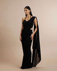 Twamev Women Black Georgette Bead Work Halter Neck Corset Draped Saree