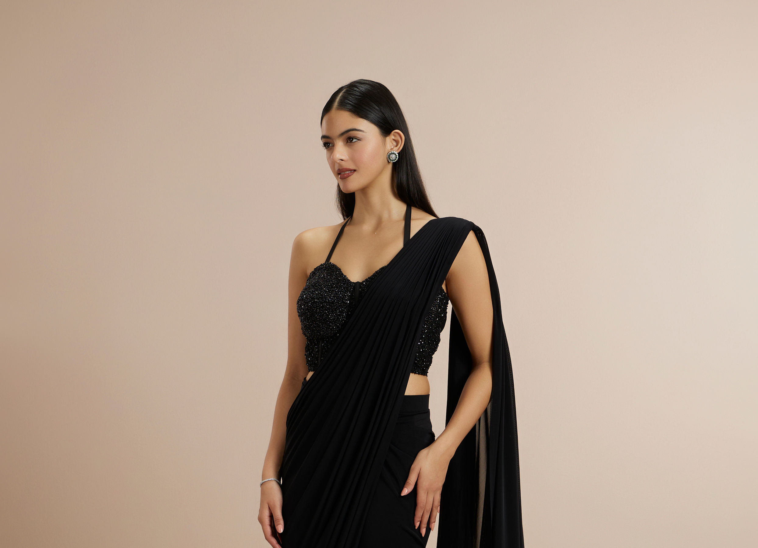 Twamev Women Black Georgette Bead Work Halter Neck Corset Draped Saree