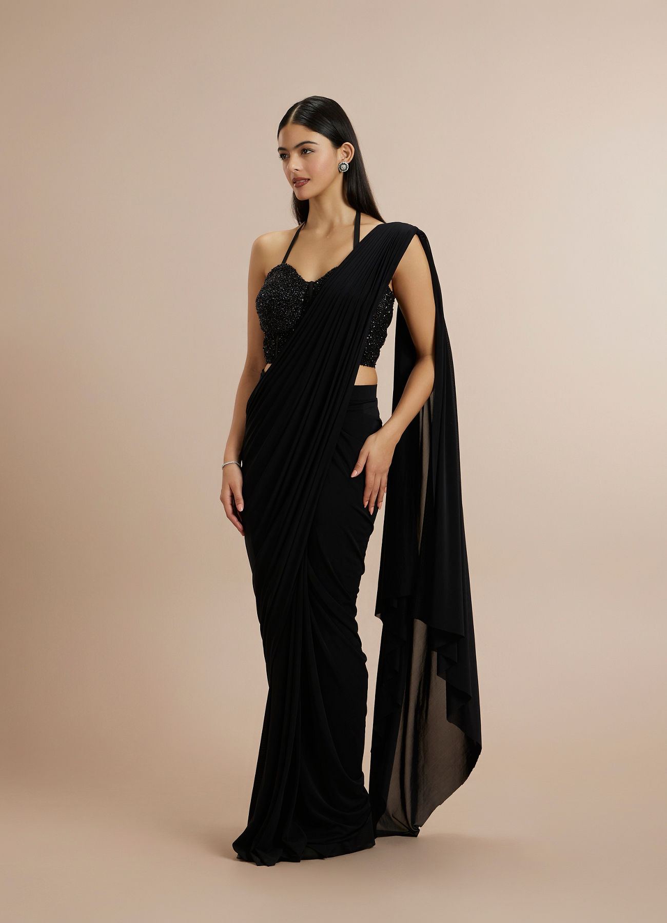 Twamev Women Black Georgette Bead Work Halter Neck Corset Draped Saree