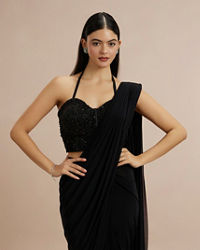 Twamev Women Black Georgette Bead Work Halter Neck Corset Draped Saree