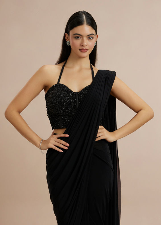 Twamev Women Black Georgette Bead Work Halter Neck Corset Draped Saree