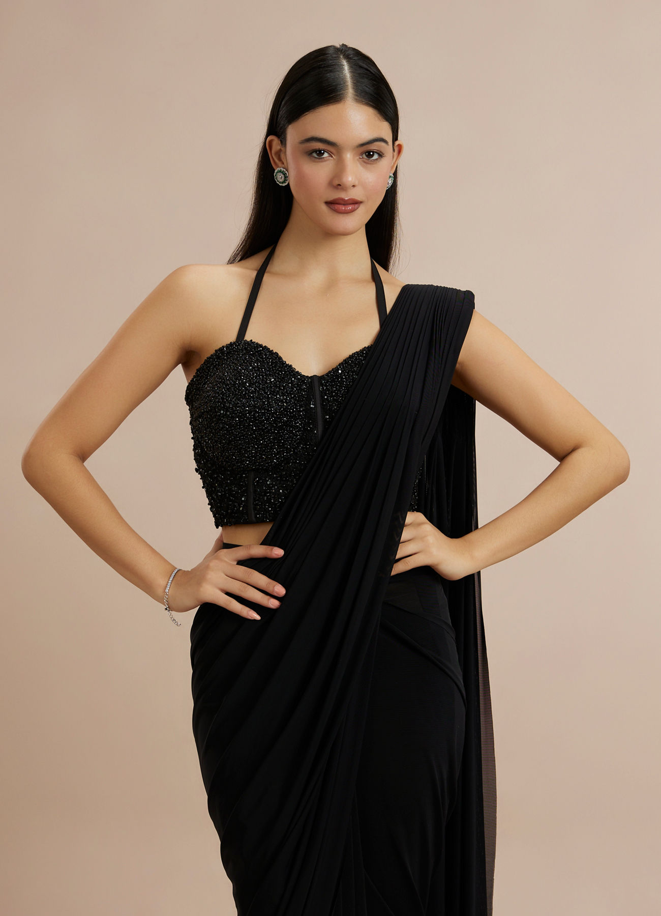 Twamev Women Black Georgette Bead Work Halter Neck Corset Draped Saree