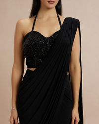 Twamev Women Black Georgette Bead Work Halter Neck Corset Draped Saree
