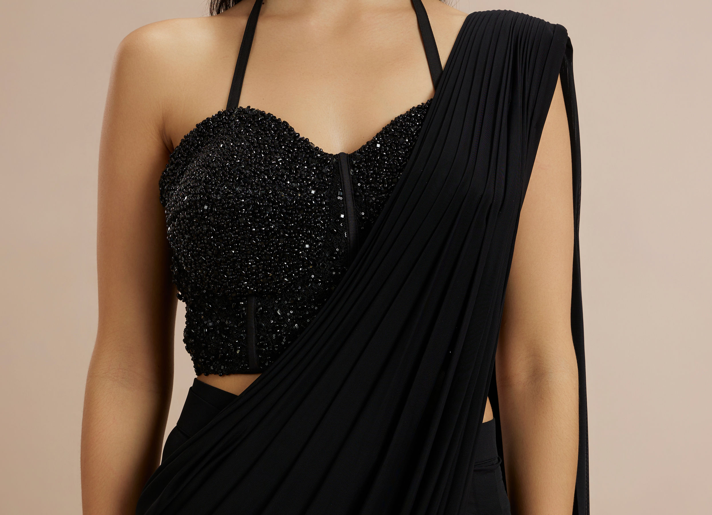 Twamev Women Black Georgette Bead Work Halter Neck Corset Draped Saree