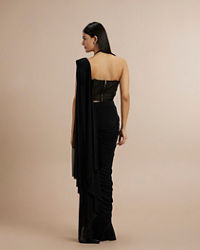 Twamev Women Black Georgette Bead Work Halter Neck Corset Draped Saree