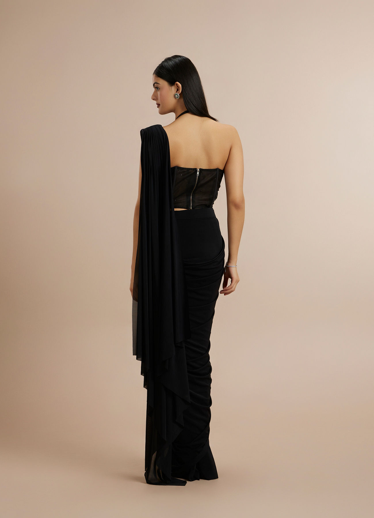 Twamev Women Black Georgette Bead Work Halter Neck Corset Draped Saree