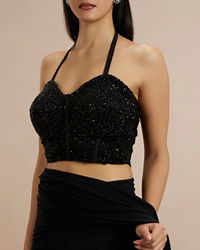 Twamev Women Black Georgette Bead Work Halter Neck Corset Draped Saree