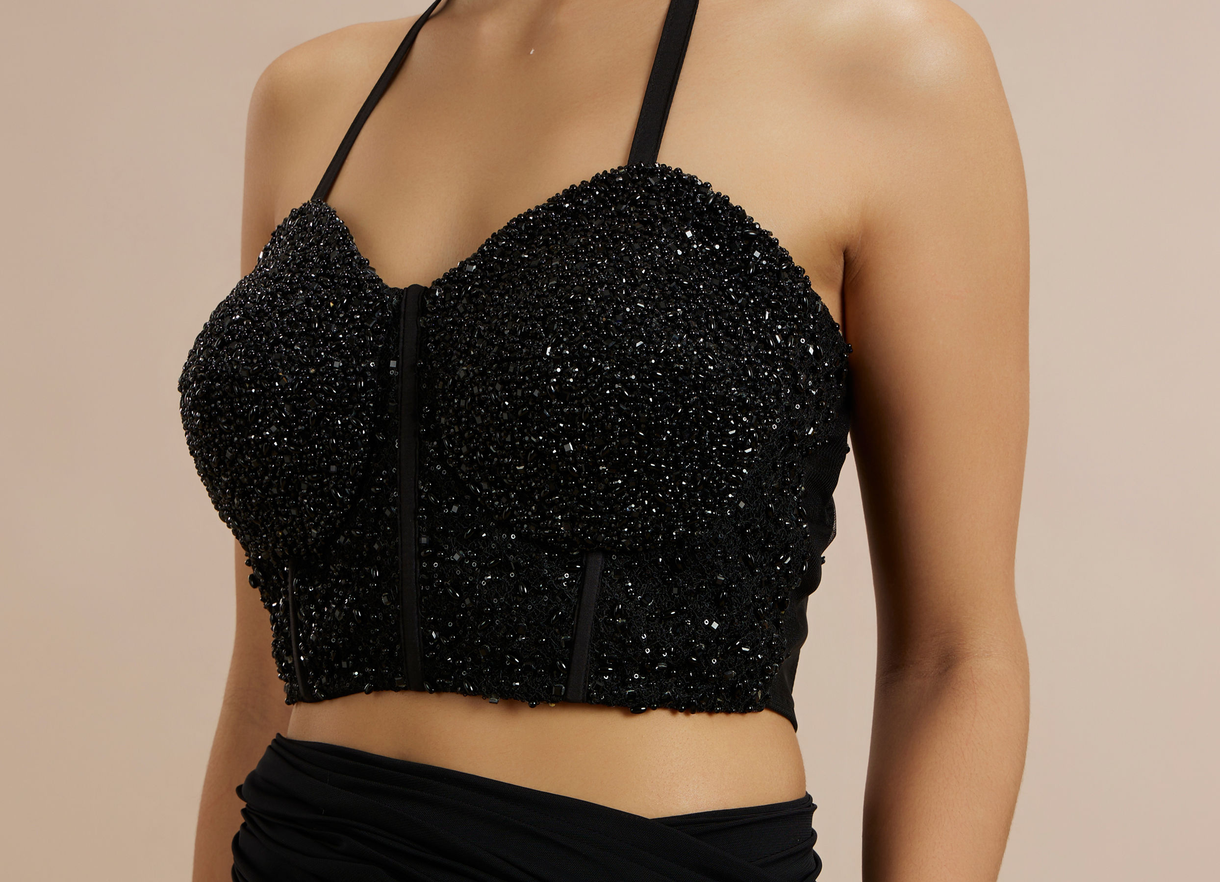 Twamev Women Black Georgette Bead Work Halter Neck Corset Draped Saree