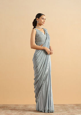 alt message - Twamev Women Serene Sky Blue Satin Party Saree image number 3