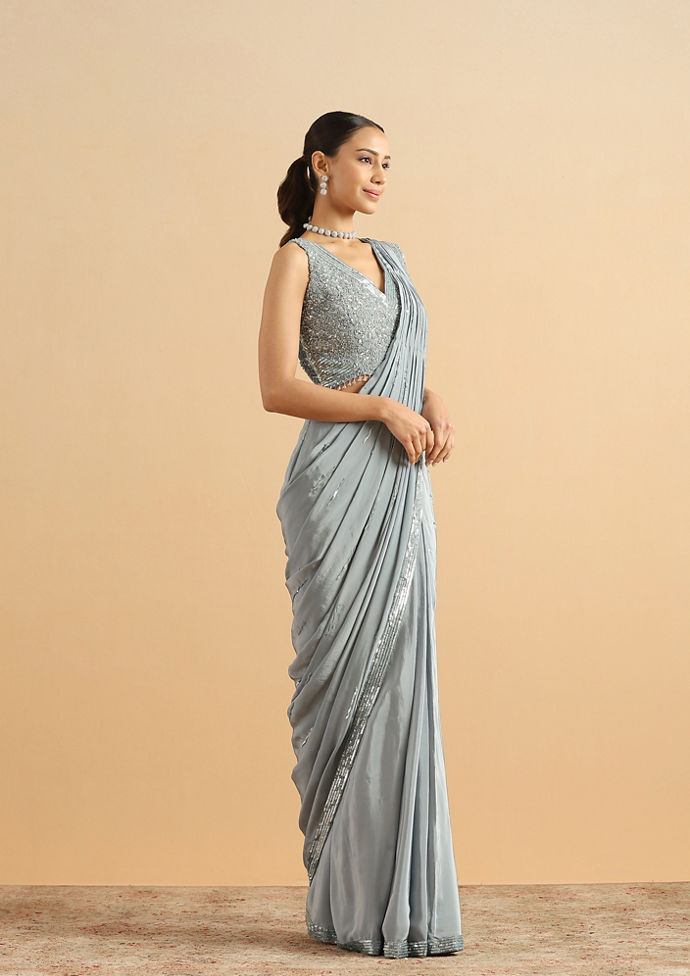 alt message - Twamev Women Serene Sky Blue Satin Party Saree image number 3