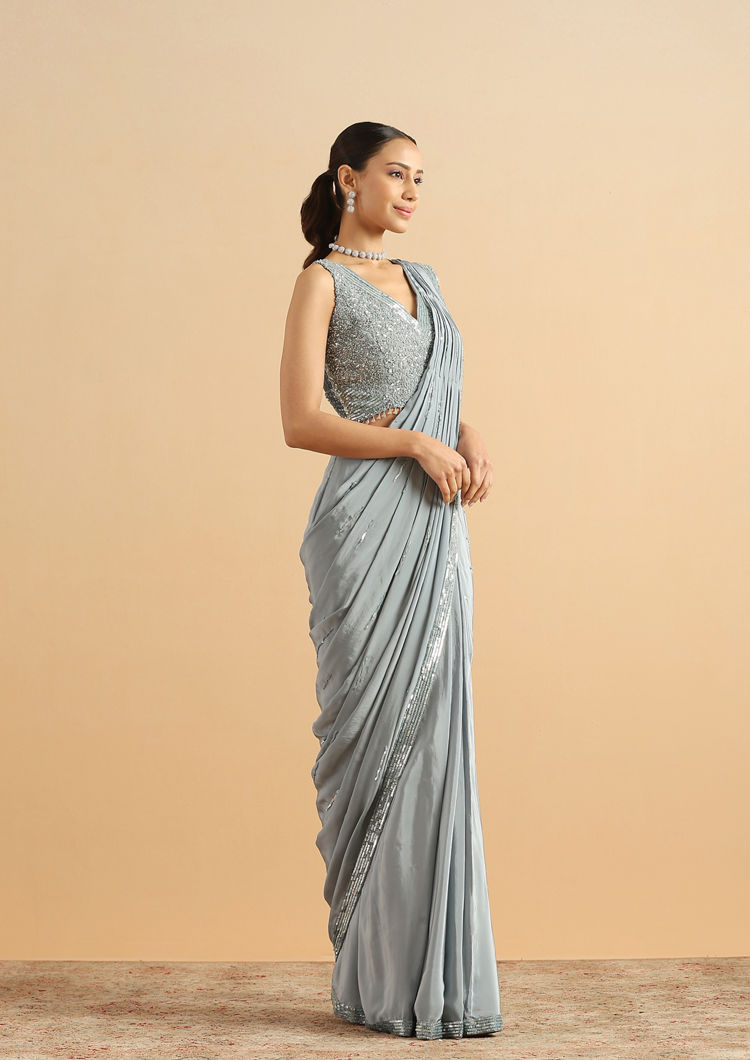 Twamev Women Serene Sky Blue Satin Party Saree