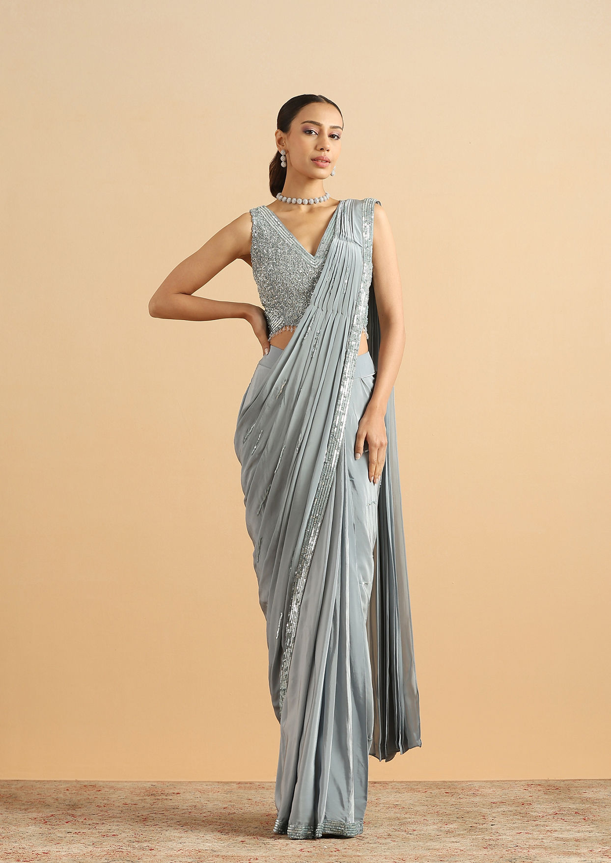 alt message - Twamev Women Serene Sky Blue Satin Party Saree image number 0