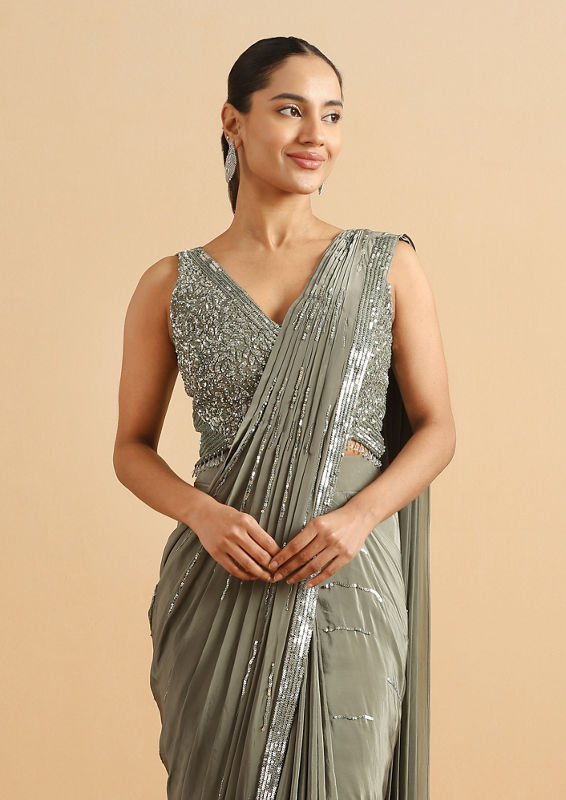 Twamev Women Sea Green Satin Party Saree