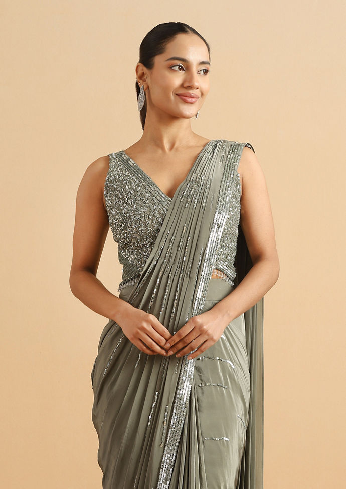 Twamev Women Sea Green Satin Party Saree