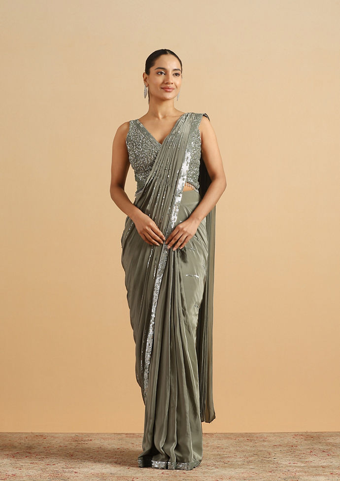 Twamev Women Sea Green Satin Party Saree