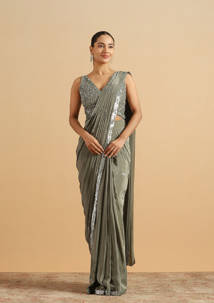 Twamev Women Sea Green Satin Party Saree