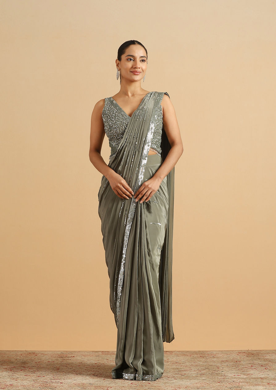 alt message - Twamev Women Sea Green Satin Party Saree image number 0