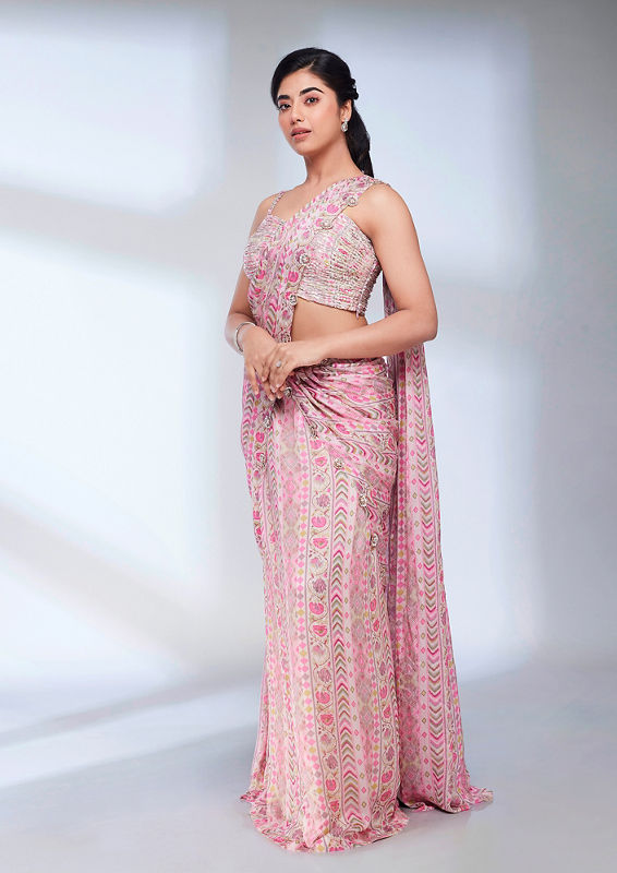 Twamev Women Pink Floral and Chevron Printed Sequined Draped Saree