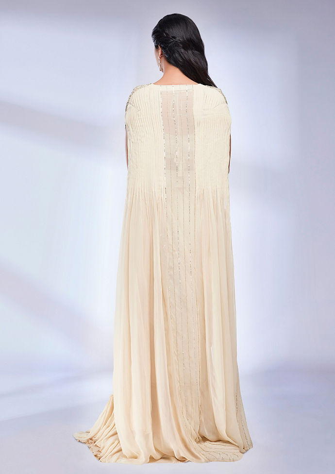 Twamev Women Dark Cream Scallop Bordered Draped Saree with Cape