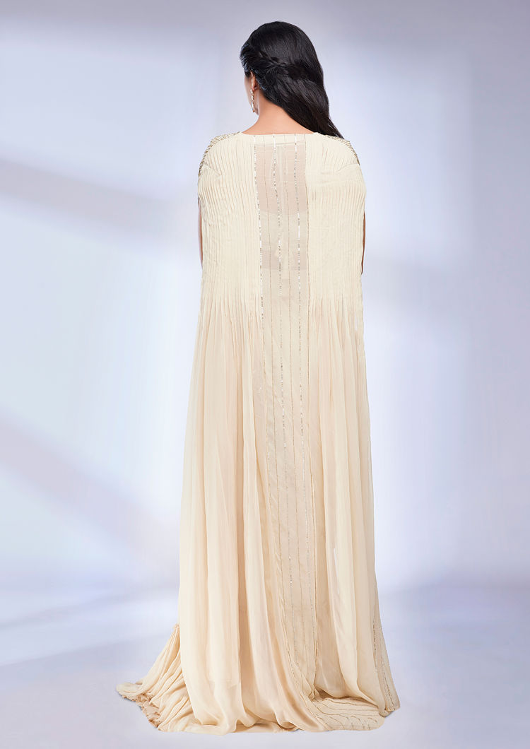 Twamev Women Dark Cream Scallop Bordered Draped Saree with Cape