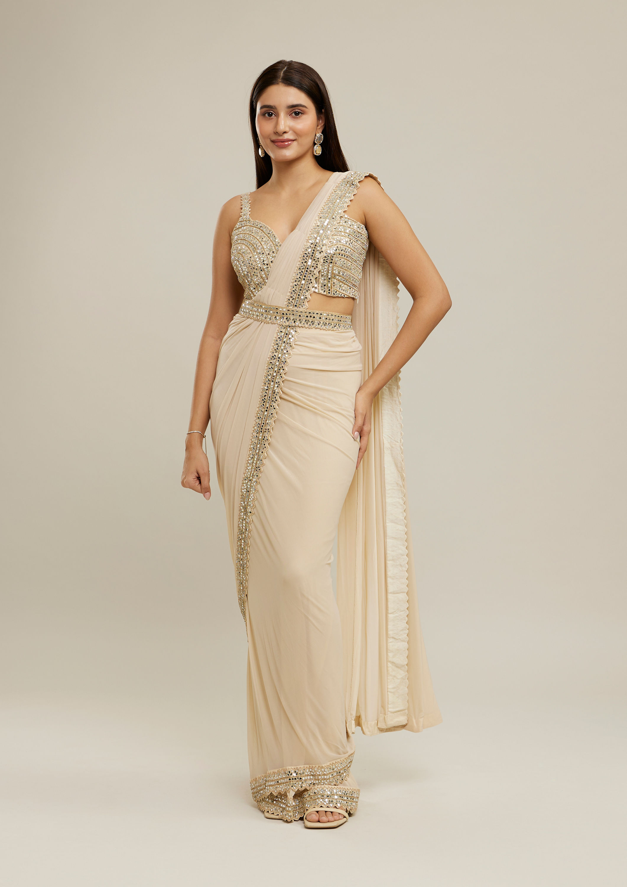 Twamev Women Cream Glimmering Knitted Saree Set