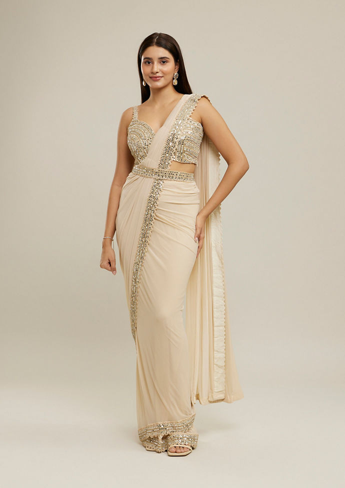 Twamev Women Cream Glimmering Knitted Saree Set