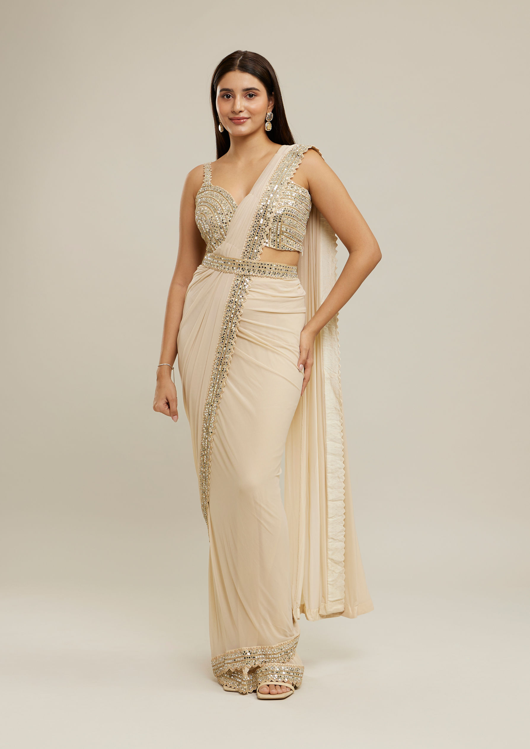 Twamev Women Cream Glimmering Knitted Saree Set
