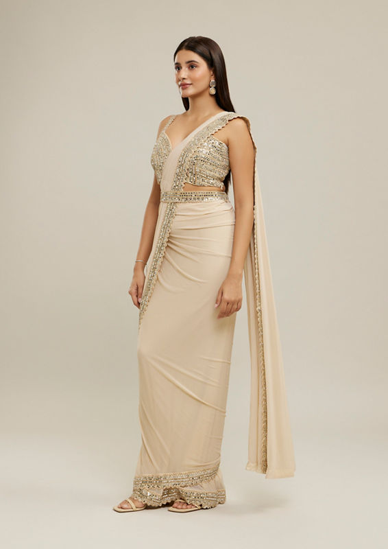 Twamev Women Cream Glimmering Knitted Saree Set