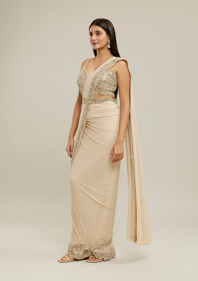 Twamev Women Cream Glimmering Knitted Saree Set