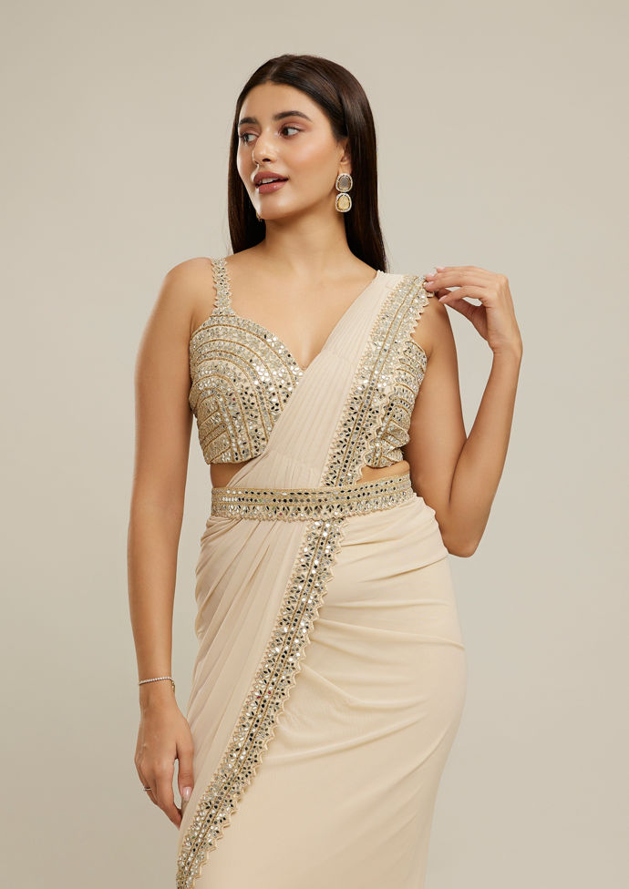 Twamev Women Cream Glimmering Knitted Saree Set