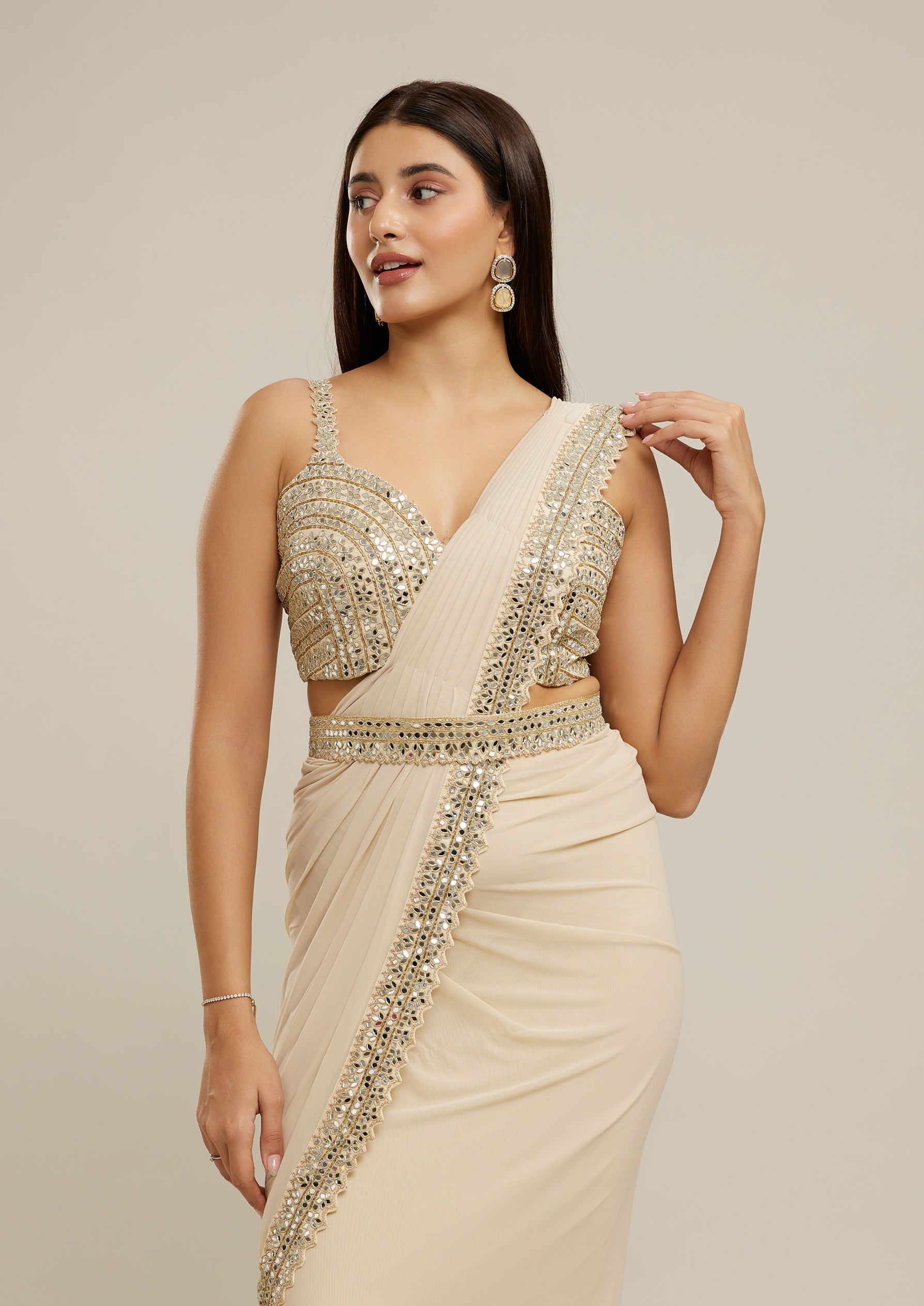 Twamev Women Cream Glimmering Knitted Saree Set