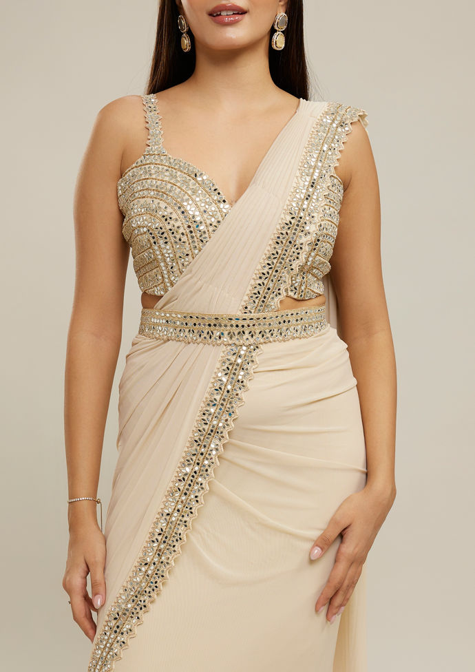 Twamev Women Cream Glimmering Knitted Saree Set