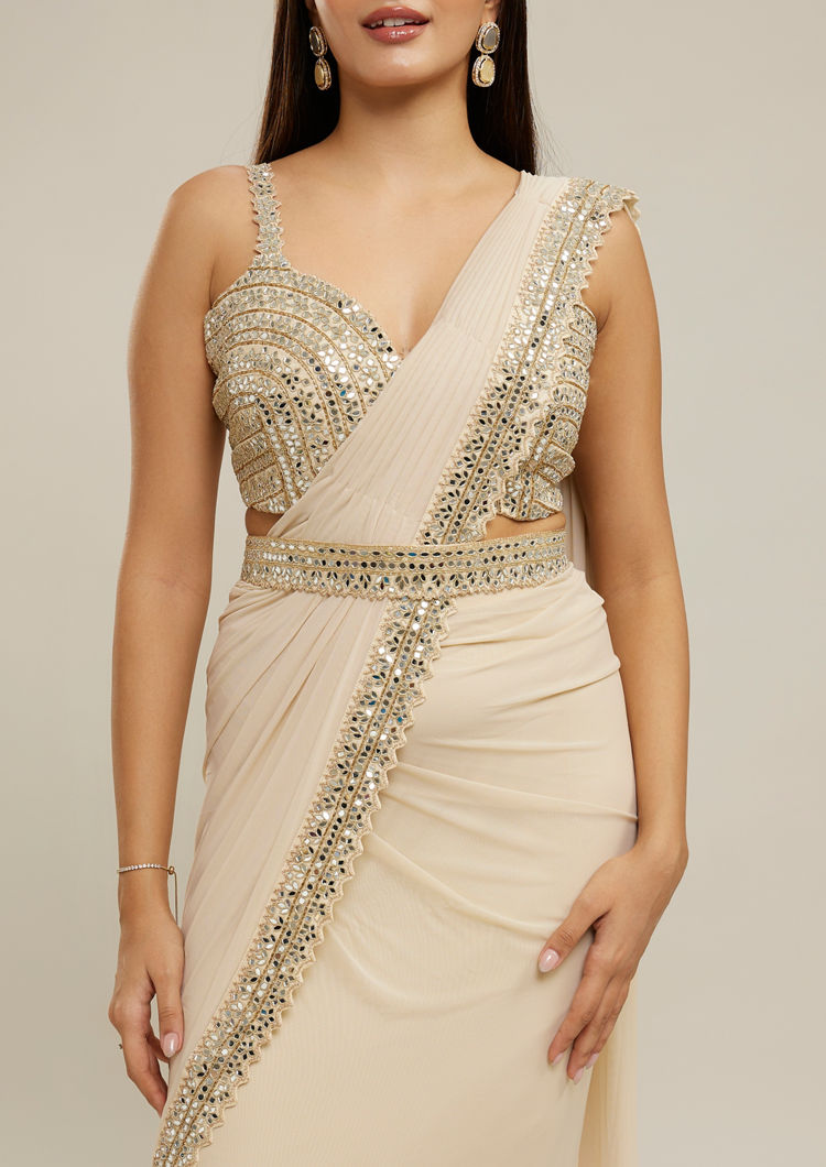 Twamev Women Cream Glimmering Knitted Saree Set