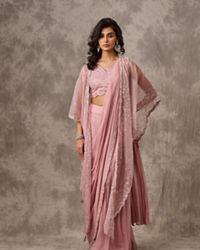 Twamev Women Pink Georgette Mirror Sequin Embroidered Cape Draped Saree