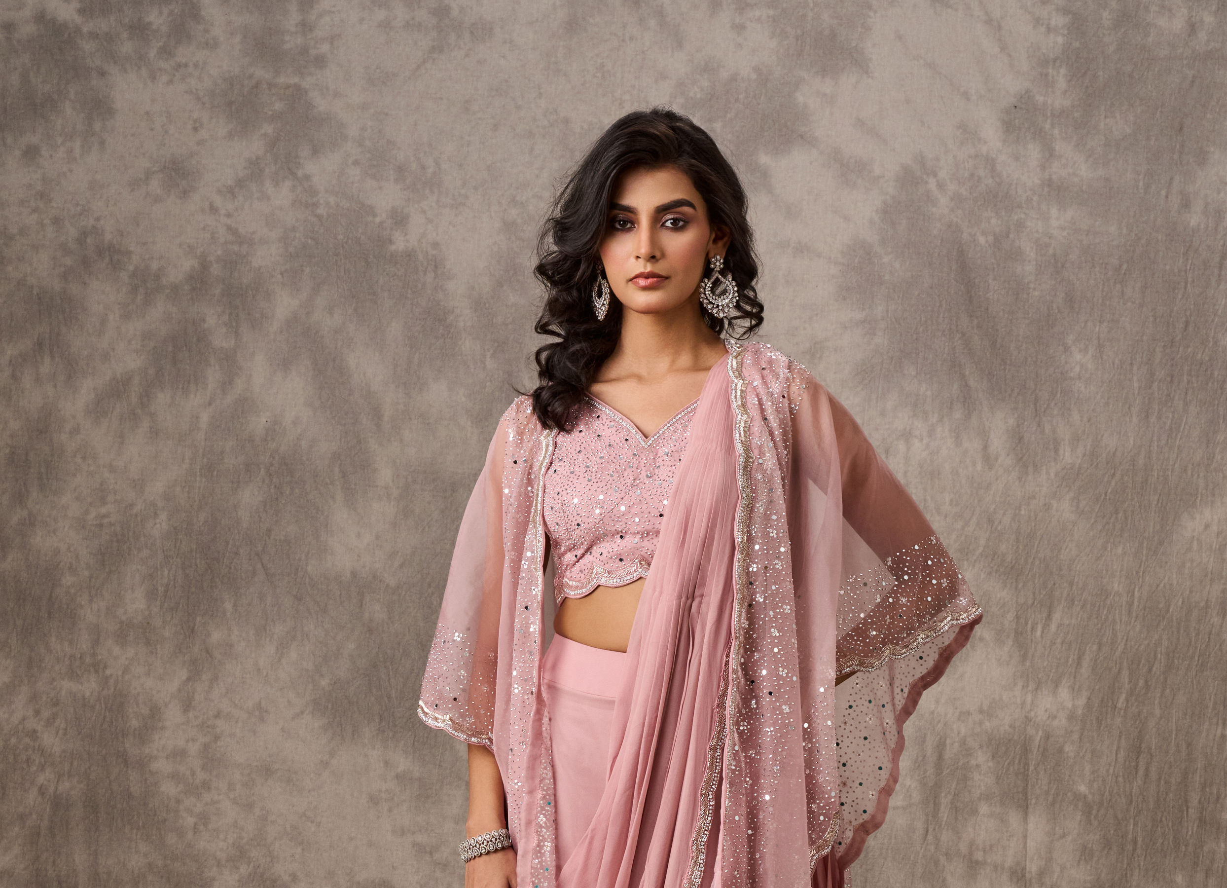 Twamev Women Pink Georgette Mirror Sequin Embroidered Cape Draped Saree
