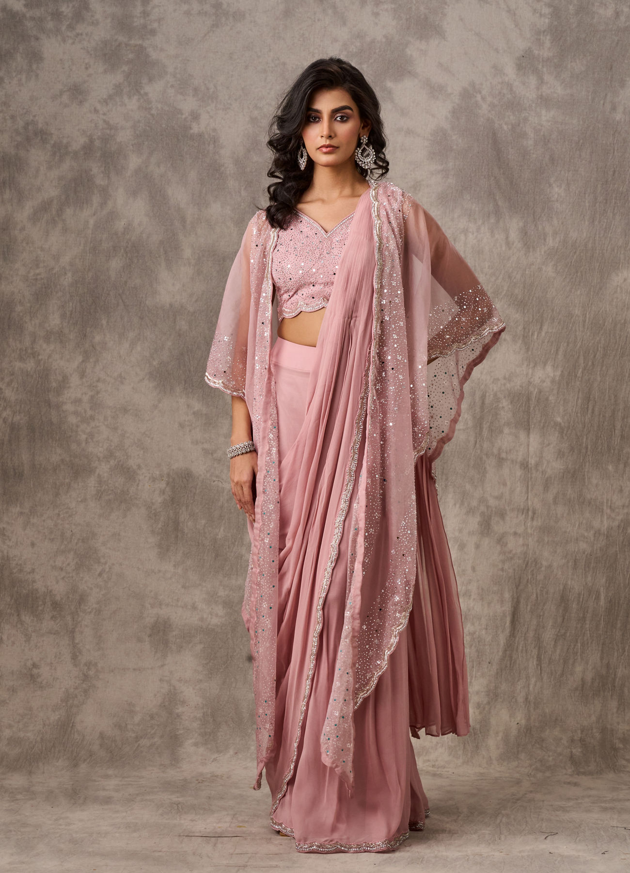 Twamev Women Pink Georgette Mirror Sequin Embroidered Cape Draped Saree
