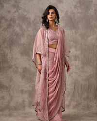 Twamev Women Pink Georgette Mirror Sequin Embroidered Cape Draped Saree