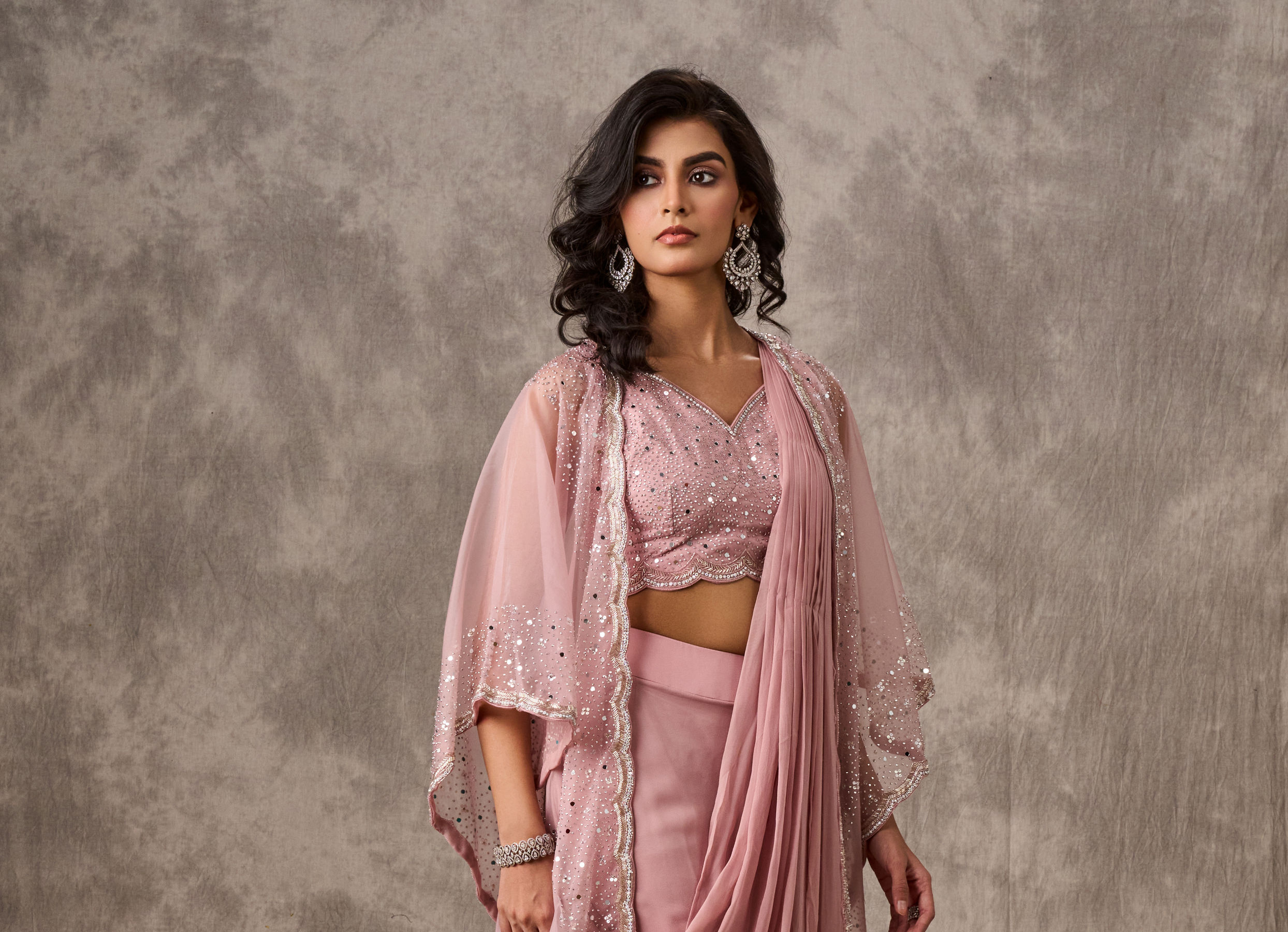 Twamev Women Pink Georgette Mirror Sequin Embroidered Cape Draped Saree